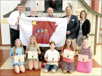  ?? Photo submitted ?? The fourth-graders who submitted the top five flag designs for a new city flag met with Mayor Peter Christie (standing, center); two members of the Arts Council, Terry Wilson (standing, second from right) and Dave Barfield (standing, second from left);...