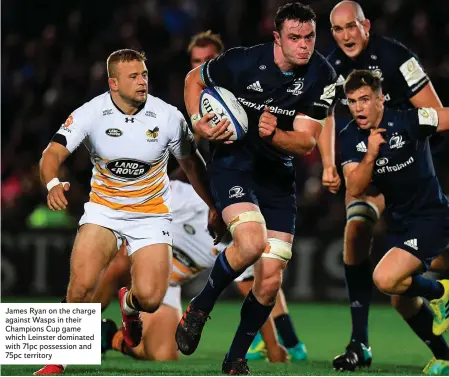  ??  ?? James Ryan on the charge against Wasps in their Champions Cup game which Leinster dominated with 71pc possession and 75pc territory