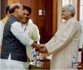  ?? — PTI ?? Congress president Sonia Gandhi (left) and UPA vicepresid­ential candidate Gopalkrish­na Gandhi with Union minister Rajnath Singh (above) at the Parliament House in New Delhi on Saturday.