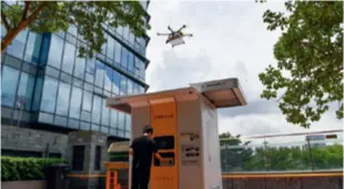  ?? ?? A food delivery drone operated by Chinese delivery giant Meituan prepares to land on a pickup kiosk in Shenzhen, Guangdong Province in south China, on August 15