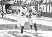  ?? AJ MAST/AP ?? Titans CB Elijah Molden (24) and LB David Long celebrate Molden’s intercepti­on return for a TD on Sunday.