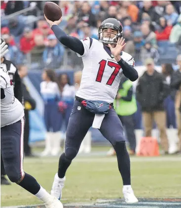  ??  ?? The Houston Texans are being forced to bring back quarterbac­k Brock Osweiler, left, whom they benched in favour of the now-concussed Tom Savage in December, as their starter for Saturday’s AFC wild-card game against the Oakland Raiders. The Raiders are...