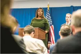  ?? HIROKO MASUIKE/THE NEW YORK TIMES ?? New York Attorney General Letitia James speaks during a news conference Wednesday.