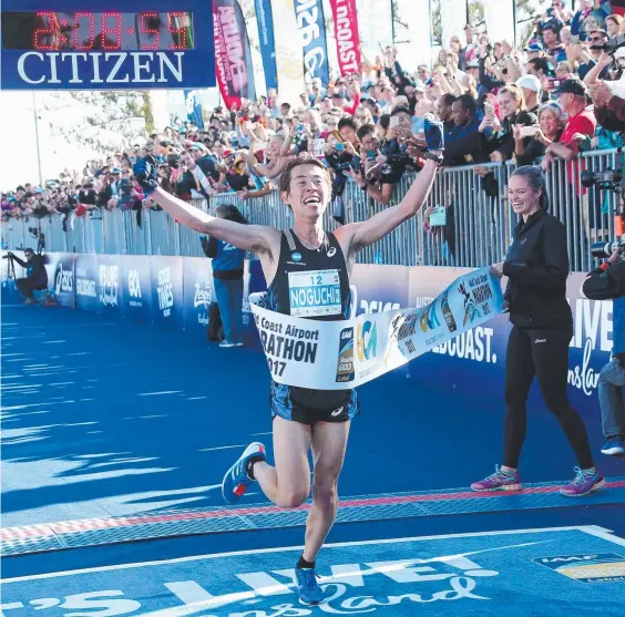  ?? Picture: MIKE BATTERHAM ?? Takuya Noguchi was impressive winning the men’s Gold Coast Airport Marathon yesterday in a time of 2:08.59.