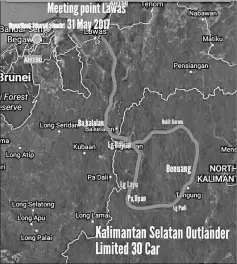  ??  ?? Map shows the route of the 4x4 Northern Lawas Outlander trip, running from May 31 to June 5.