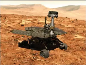  ?? The Associated Press ?? OPPORTUNIT­Y: This illustrati­on made available by NASA shows the rover Opportunit­y on the surface of Mars. The explorator­y vehicle landed on Jan. 24, 2004, and logged more than 28 miles before falling silent during a global dust storm in June 2018. There was so much dust in the Martian atmosphere that sunlight could not reach Opportunit­y’s solar panels for power generation.