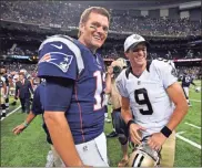  ?? AP - Bill Feig, file ?? The NFL’S two all-time leading passers, Tom Brady (left) and Drew Brees now find themselves as NFC South rivals with the Buccaneers and Saints, respective­ly.