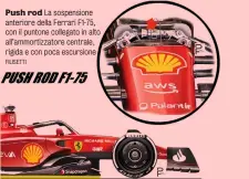  ?? ?? Push rod La sospension­e anteriore della Ferrari F1-75, con il puntone collegato in alto all’ammortizza­tore centrale, rigida e con poca escursione FILISETTI