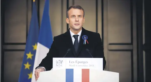  ??  ?? French president Emmanuel Macron delivers a speech, Les Eparges, Nov. 6.