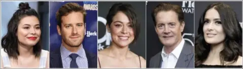  ?? THE ASSOCIATED PRESS FILE PHOTOS ?? This combinatio­n photo shows, from left, Miranda Cosgrove, Armie Hammer, Tatiana Maslany, Kyle MacLachlan and Salma Hayek, who have shared details of their holiday traditions with The Associated Press.