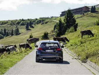  ??  ?? La Peugeot 308 GTI ha l’assetto ribassato, le ruote in lega da 19 pollici, freni anteriori con dischi autoventil­anti da 380 mm e pinze (rosse) a quattro pistoncini, lo spoiler sul lunotto e il doppio terminale di scarico