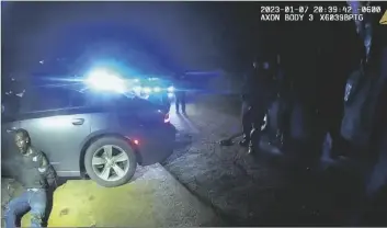  ?? CITY OF MEMPHIS VIA AP ?? In this image from video released by the city of Memphis, Tenn., Tyre Nichols leans against a car after a brutal attack by Memphis Police officers on Jan. 7, in Memphis.