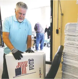  ?? STAFF PHOTO BY ERIN O. SMITH ?? At the Hamilton County Election Commission on Monday. Jamie Hightower, a part-time election worker, counts privacy boxes to send to voting locations. Supplies were handed out for 77 voting sites which include 149 precincts.