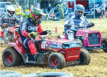  ??  ?? Craig James leads the field in the A class event of the lawn mower racing at last year’s show. The races will be a popular attraction on Saturday at the Neerim Rodeo Challenge.