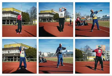  ??  ?? Bei den deutschen Meistersch­aften im Winterwurf gingen auf dem Sportplatz an der Riethsport­halle in Erfurt beim Speerwerfe­n an den Start (obere Reihe von links): Lothar Huchthause­n (LG Altmark/Altersklas­se M), Heinz Janson (Groß-Gerau/M), Manfred...