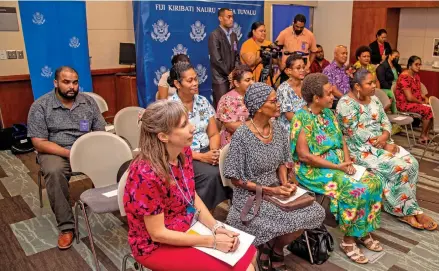  ?? Photo: Leon Lord ?? Participan­ts and guests during the Academy for Women Entreprene­urs programme’s grant signing at the United States Embassy, in Tamavua on April 5, 2022.