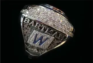  ?? CHICAGO CUBS VIA THE ASSOCIATED PRESS ?? Picturedis a 2016 World Series championsh­ip ring the Cubs announced Monday they were giving to Steve Bartman.