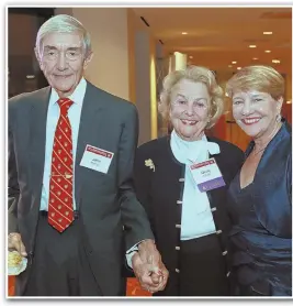  ?? STAFF PHOTO BY STUART CAHILL ?? From left, John Kaneb, Regis College Award recipient Virginia Pyne Kaneb, and Regis College President Antoinette Hays at the Regis College Gala at the State Room last night.