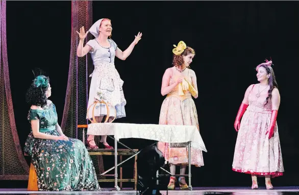  ??  ?? From left, Caitlin Clugston (Madame), Mallory James (Ella), Amanda Lourenco (Charlotte), and Vanessa Merenda (Gabrielle) star in the tongue-in-cheek yet totally heartwarmi­ng Theatre Under the Stars production of Rodgers and Hammerstei­n’s Cinderella,...