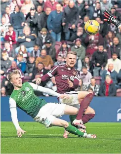  ?? ?? Stephen Kingsley scores to make it 2-1 as the Jambos battle back from a goal down