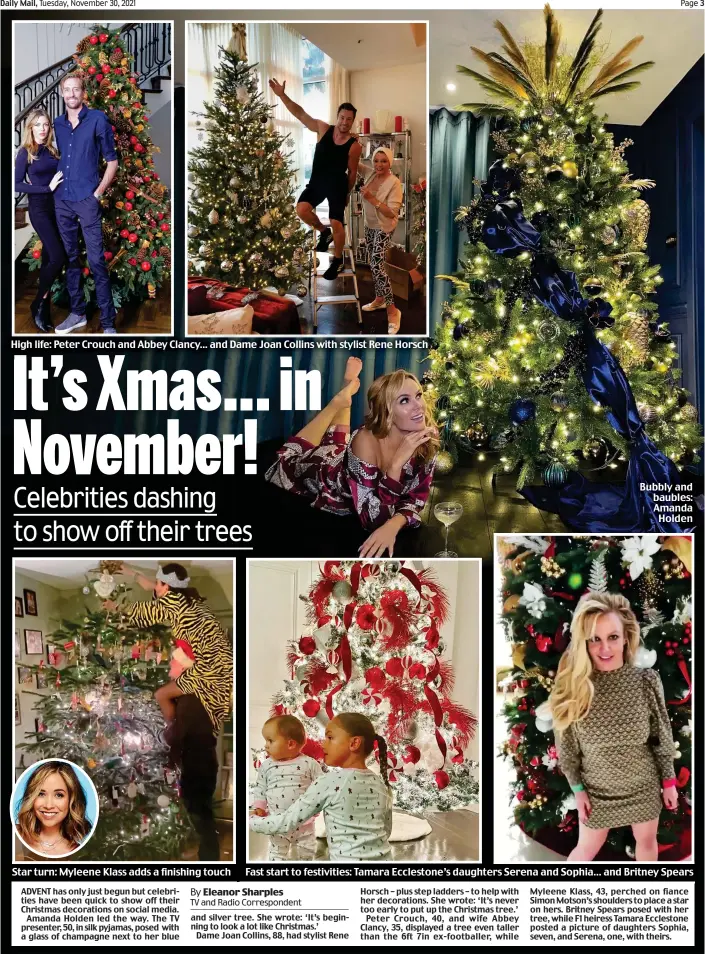  ?? ?? High life: Peter Crouch and Abbey Clancy... and Dame Joan Collins with stylist Rene Horsch
Star turn: Myleene Klass adds a finishing touch
Bubbly and baubles: Amanda Holden
Fast start to festivitie­s: Tamara Ecclestone’s daughters Serena and Sophia... and Britney Spears