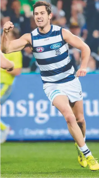  ?? Picture: MICHAEL DODGE ?? HAPPY CAT: Daniel Menzel celebrates a goal against Adelaide.