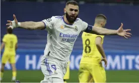  ?? Photograph: Juanjo Martin/EPA ?? Karim Benzema’s goal in extra time puts Real Madrid 5-4 up on aggregate after Chelsea had taken a 3-0 lead on the night.