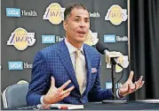  ?? [AP PHOTO] ?? Los Angeles Lakers general manager Rob Pelinka talks about the acquisitio­n of LeBron James and other free agents during a news conference at the team’s headquarte­rs on Wednesday in El Segundo, Calif.