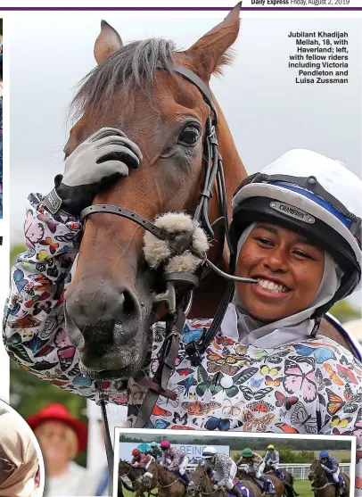  ??  ?? Khadijah with proud mother Selma; and right, flying past the field in the home straight Jubilant Khadijah Mellah, 18, with Haverland; left, with fellow riders including Victoria Pendleton and Luisa Zussman