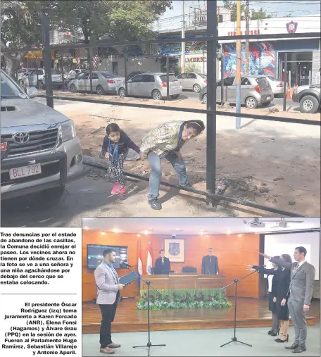  ??  ?? Tras denuncias por el estado de abandono de las casillas, la Comuna decidió enrejar el paseo. Los vecinos ahora no tienen por dónde cruzar. En la foto se ve a una señora y una niña agachándos­e por debajo del cerco que se estaba colocando. El presidente...