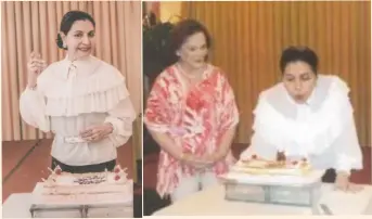  ??  ?? FESTEJADA. Amparito L. Lhuillier and her cake candles, with la presidenta Myra Gonzales looking on.