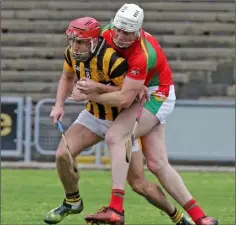  ??  ?? Liam Ryan of Rapparees tackles Ciarán O’Shaughness­y.