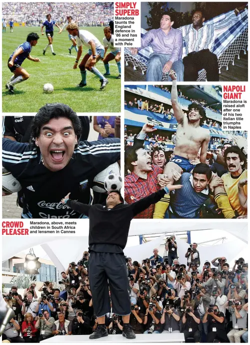  ??  ?? CROWD
Maradona, above, meets children in South Africa PLEASER
and lensmen in Cannes