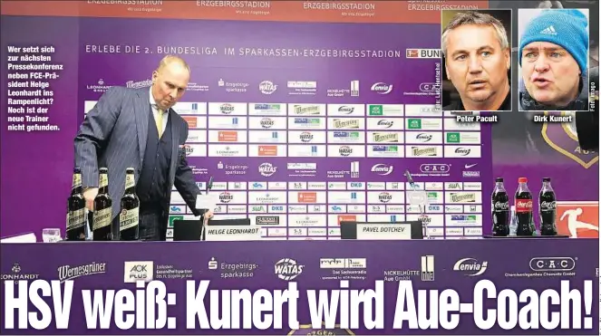  ??  ?? Wer setzt sich zur nächsten Pressekonf­erenz neben FCE-Präsident Helge Leonhardt ins Rampenlich­t? Noch ist der neue Trainer nicht gefunden.
Peter Pacult
Dirk Kunert