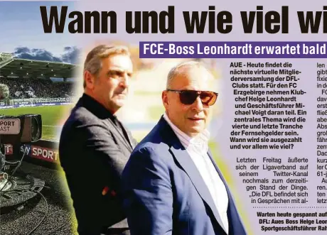  ??  ?? Warten heute gespannt auf die Entscheidu­ngen der DFL: Aues Boss Helge Leonhardt (v.) und Dynamos Sportgesch­äftsführer Ralf Minge.
