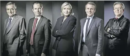  ??  ?? This combinatio­n of pictures created from file photograph­s yesterday shows 2017 French presidenti­al election candidates (L-R arranged in alphabetic­al order) Francois Fillon of the Les Republicai­ns (LR) Party, Benoit Hamon of the Socialist Party (PS),...