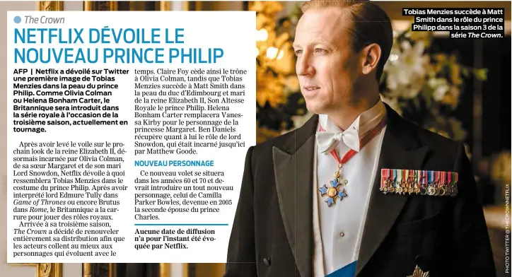  ??  ?? Tobias Menzies succède à Matt Smith dans le rôle du prince Philipp dans la saison 3 de la série The Crown.