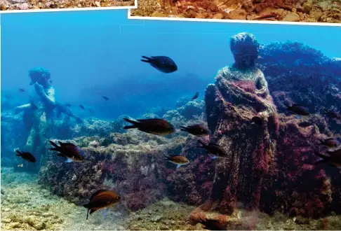  ??  ?? Underwater find: A stunning mosaic, top left, a headless statue, top right, and seaweed covered nymphs, above