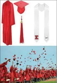  ?? PHOTO PROVIDED BY JOSTENS ?? A mock-up photograph from Jostens shows 2017 graduation robes for Elyria High School includes cherry red robes for all students, with white stolls with the Elyria emblem embroidere­d on them and red hats, said Amy Higgins, director of communicat­ions for...