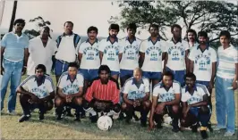  ??  ?? Albersvill­e team of 1989. Back row from left: the late Thumba Naidoo (manager), late Strini Moodley (trainer/ coach), Foxy Thulani, Baba Badrinath, Buddy Sunder, Tubby Naidoo, Rajen Naidoo, Henry Langazane, Prega Pillay, Seelan Pillay, Mahen Bridglall(secretary). Front row: Dennis Moodley, Citi-late Gicaba, Devan Moodley, Valley Nkonyeni, Nicolal Langazane, Reuben Moodley.