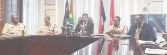  ??  ?? Minister of Public Security Khemraj Ramjattan (centre) addressing reporters yesterday. Seated with him are (from left) Traffic Chief Dion Moore, acting Police Commission­er David Ramnarine, Head of Operations Assistant Commission­er Clifton Hicken and...