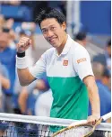  ?? ADAM HARPER/JOURNAL ?? Kei Nishikori celebrates after defeating Marin Cilic in the quarterfin­als of the U.S. Open Wednesday.