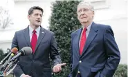  ?? PABLO MARTINEZ MONSIVAIS / THE ASSOCIATED PRESS ?? House Speaker Paul Ryan, left, with Senate Majority Leader Mitch McConnell at the White House on Monday, wants to to pass health-care legislatio­n in early April but is getting pushback from several in his own party.