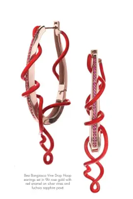  ??  ?? Bea Bongiasca Vine Drop Hoop earrings set in 9kt rose gold with red enamel on silver vines and fuchsia sapphire pavé