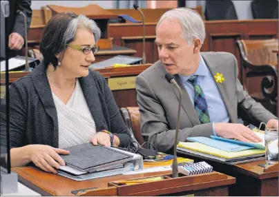  ?? MAUREEN COULTER/THE GUARDIAN ?? Green Leader Peter Bevan-Baker and Charlottet­own-Parkdale MLA Hannah Bell are shown in the legislatur­e earlier this month.