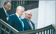  ?? The New York Times/AL DRAGO ?? Defense Secretary James Mattis (center) and Secretary of State Rex Tillerson (right) arrive Wednesday on Capitol Hill for a closed meeting with the Senate Foreign Relations Committee.