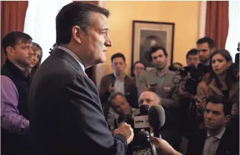  ?? SPENCER PLATT, GETTY IMAGES ?? Sen. Ted Cruz, R-Texas, speaks to reporters in New York on Wednesday. Cruz trails Donald Trump in the race for the Republican presidenti­al nomination.