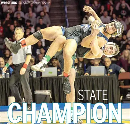  ?? ROD THORNBURG / FOR THE CALIFORNIA­N See ?? Frontier’s Miguel Estrada battles with his Poway’s Laird Root in Saturday’s 145-pound final at the CIF State Wrestling Championsh­ips at Mechanics Bank Arena. Estrada scored a 4-2 victory in the second tiebreaker to repeat as state champion. more photos at Bakersfiel­d.com.