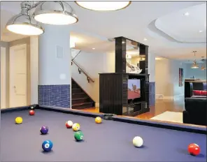  ??  ?? Get the party started in the billiards room in the basement of the Bristol, whichis built by Perry Built Homes and decorated by Chic Chic Readymades Inc.