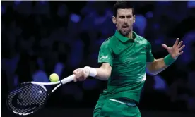  ?? Photograph: Guglielmo Mangiapane/Reuters ?? Novak Djokovic in action during his group-stage match against Greece's Stefanos Tsitsipas.